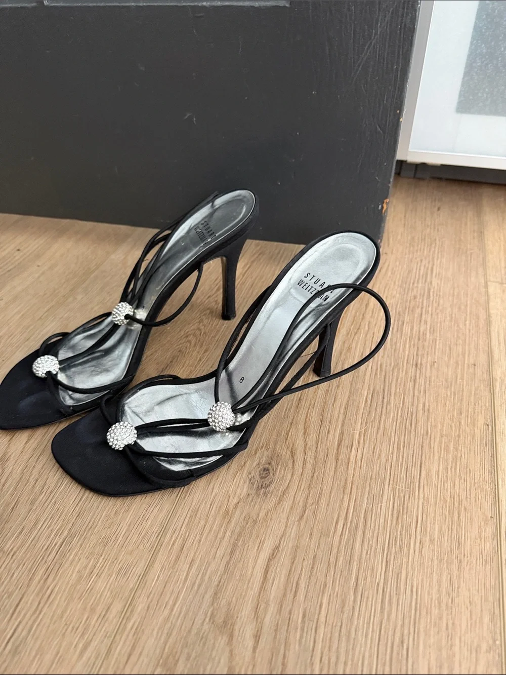 Stuart Weitzman Black Strappy Crystal-Embellished Heels